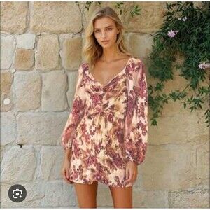 Sincerely Jules Dress Womens Medium Pink Floral Pleated Chiffon Long Sleeve
